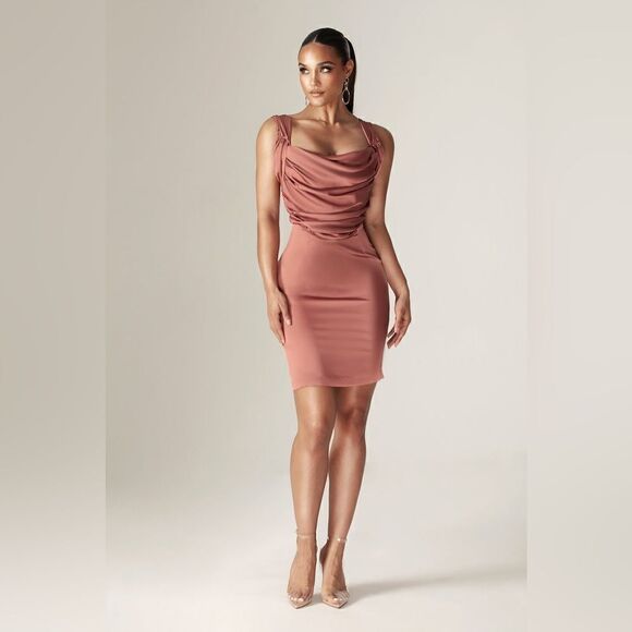 NWT Alieva Nilah Satin Mini Dusty Pink Dress Draped Size S - Picture 9 of 14